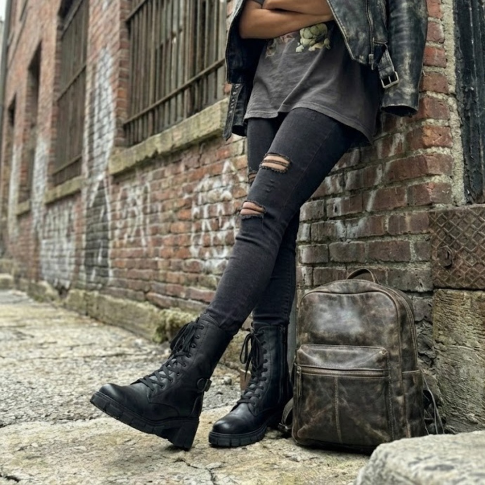 NWT Bonnibel Black Combat Boots Chunky Lug Sole Lace Up Buckle Moto 2.5” Heel - Picture 5 of 6